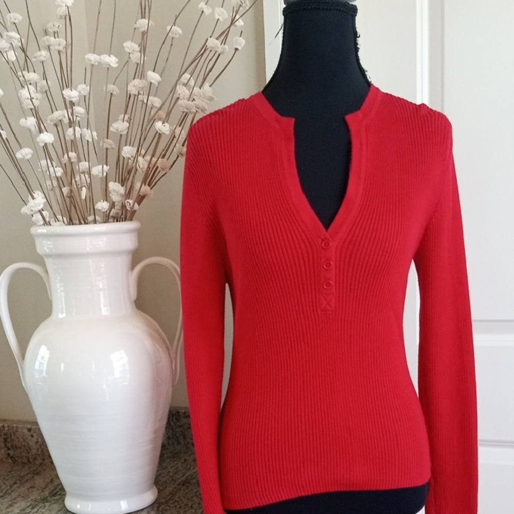 Moda International Red Ribbed V-Neck Sweater